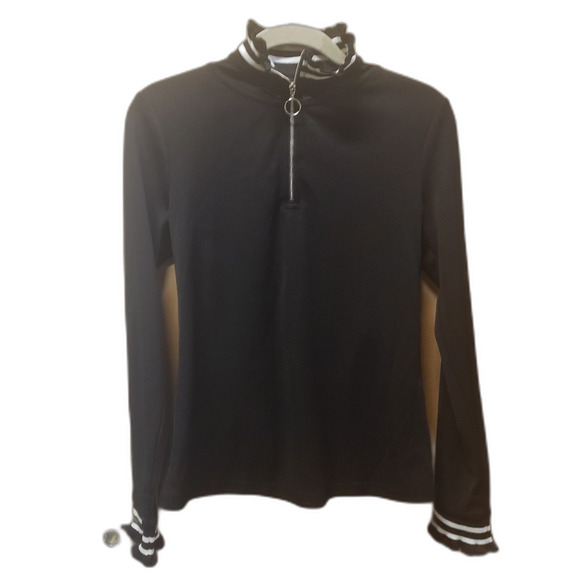 JOA BLACK Pullover 1/4 Zip Womens SZ MED Black RUFFLED SLEEVE/NECK HHH - Picture 1 of 4
